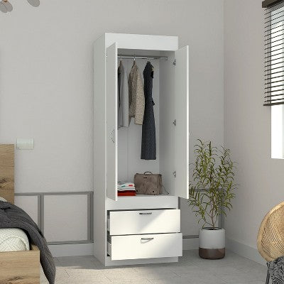 Tiramisubest 70" H Armoire Wardrobe, Deluxe Armoire with Multiple Storage & Metal Accents with 2-Drawer, 2 Doors, White