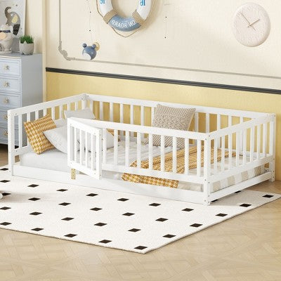 Okak Twin/Full Size Floor Bed, Toddler Bed with Safety Fence & Door, Solid Wood Kids Bed Frame Ground Bed for Kids, Girls, Boys