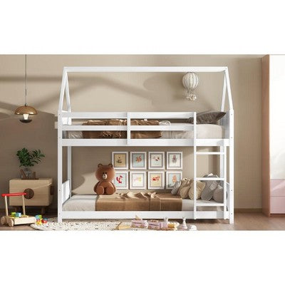 MAYEERTY Twin House Floor Bunk Bed with Headboards, Footboards and Guardrails Gray