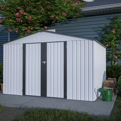Gulches 10X8 FT Outdoor Storage Shed, All Weather Metal Sheds with Lockable Doors, Tool Shed for Garden, Patio, Backyard, Lawn, Grey
