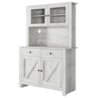 Kitchen Pantry Cabinet with Microwave Stand - Freestanding Gray Hutch Cabinet with Adjustable Shelves for Dining Room/Kitchen Storage