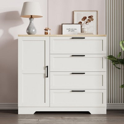 43.3" H Armoire Wardrobe Closet with 4 Drawers, Hanging Rod, Multifunctional Wooden Dresser with Storage Closet