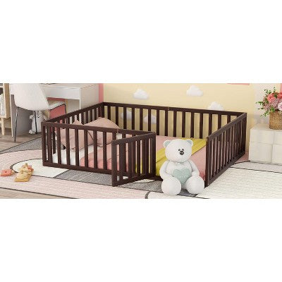 PAGED Queen Size Floor Bed for Kids,Modern Wood Toddler Bed with Heightened Safety Guardrails and Door,Montessori Bed for Bedroom