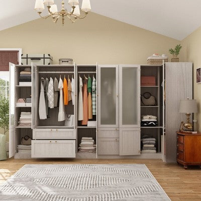 Hitow Modern Gray Armoire Set Frosted Glass Doors Woodgrain Finish Cream Style