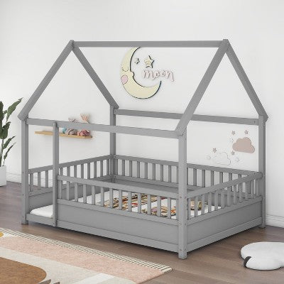 Sapphtopaz Wooden House Bed Frame for Kids with Roof & Fence Floor Platform Bed with Sturdy Frame for Kids Bedroom,Playroom,Nursery