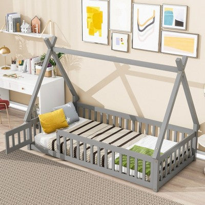 CAVINAS Twin Size Wood Montessori Bed with Safety Guardrails,Modern Tent-Shaped Floor Bed with Slats and Door,Toddler Bed for Bedroom,Gray