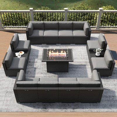 LayinSun 15 Piece Patio Furniture Set with Fire Pit Table, Outdoor Conversation Sets Wicker Rattan Sectional Sofa with Coffee Table