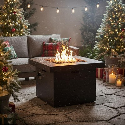 32'' Wood-Look Square MGO Fire Pit in Brown, 40,000 BTU Propane Outdoor Heating Table with Durable Magnesium Oxide Body, Lava Rocks & Ignition System