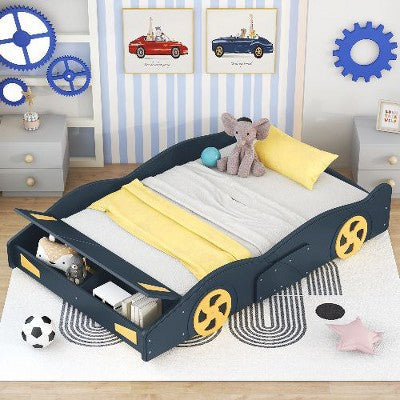 CAVINAS Twin Size Race Car Platform Bed Frame with Storage & Decorative Wheels, Wooden Toddler Bed with Safe Side Rails, No Box Spring Needed