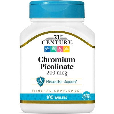 21st Century Chromium Picolinate 200 mcg Tablets for Glucose Metabolism Nutritional Support, 100 Ct