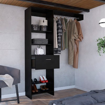 Gulches Hybrid Closet System, Five Open Shelves, One Drawer, Metal Rod