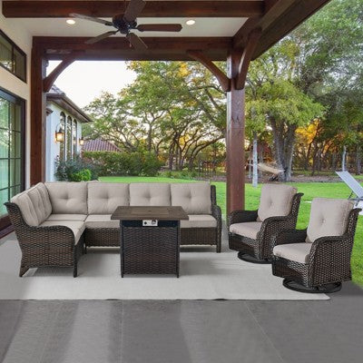 POCASSY 5PCS Outdoor Furniture Set with Fire Pit Table, Outdoor Conversation Set with All Weather Brown Wicker Sectional Sofa and Swivel Chair