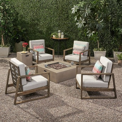 GDFStudio Lafayette Outdoor Acacia Wood 5 Piece Club Chair and Fire Pit Set with Cushions