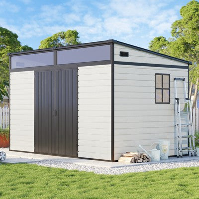 AMERLIFE 10x7x6.7 FT Resin Outdoor Storage Shed with Floor, Double Doors & Sloped Roof, Skylight, Window & Vents, Waterproof UV-Resistant Tool Sheds