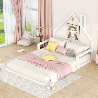 CAVINAS Twin/Full Size Montessori Floor Bed for Kids,Toddler Bed Frame with House-Shaped Headboard,Slatted Floor Bed for Girls,Boys,Teens