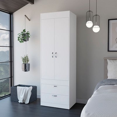 Tiramisubest 70" H Armoire Wardrobe, Deluxe Armoire with Multiple Storage & Mdf Accents with 2-Drawer, 2 Doors, White
