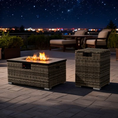 BAOURE 32" Outdoor Propane Fire Pit Table with Beige Wicker Base & Tank Cover 50000 BTU Patio Heater, Rectangular Steel Design for Deck & Garden