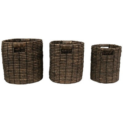 Northlight Natural Woven Table and Floor Cylindrical Seagrass Baskets - Dark Brown - Set of 3
