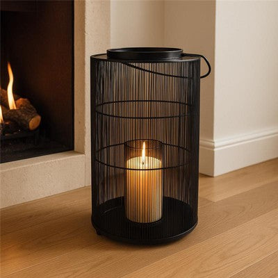 Decorative Metal Wire Lantern Candle Holder - Modern Pillar Candlestick Holder for Table Centerpiece, Entryway, or Living Room Decor - 26", Black
