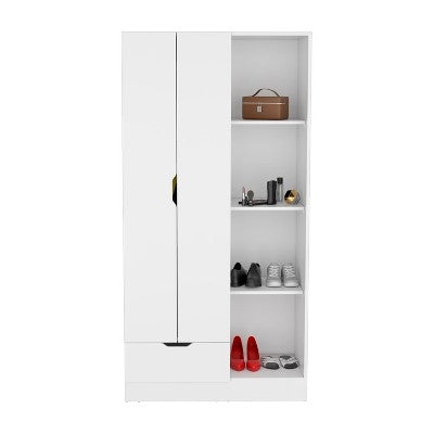 Tiramisubest 71" H Armoire Wardrobe with 1-Drawer and 4-Tier Open Shelves, 2 Doors, White