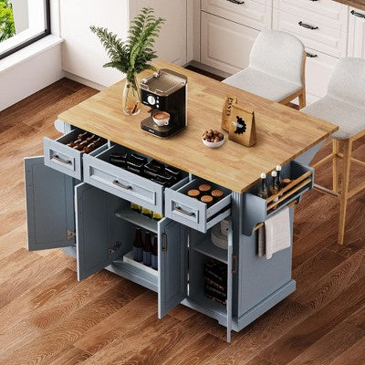 Whisen 54 inch Large Kitchen Island with Rubber Wood Drop Leaf, Embossed Texture Rolling Kitchen Cart