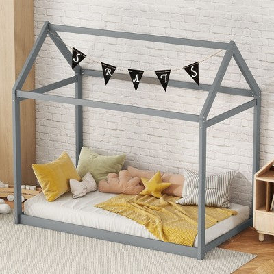 Okak Twin House-Shaped Roof Wooden Bed Frame,Modern Floor Bed for Toddlers/Kids Bedroom