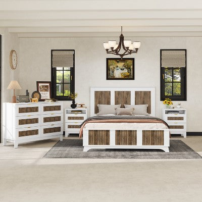 4-Piece Bedroom Sets, Full/Queen Size Farmhouse Platform Bed with Wooden Strip Decoration, Storage Nightstand and Dresser 4B - ModernLuxe
