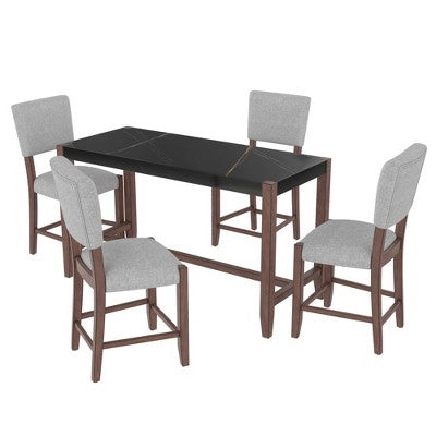 ChicFurnit Dining Set Counter Height Faux Marble Table with Upholstered Chairs for Modern Spaces, Black Gray, 51.25"*31.5"*5.1"