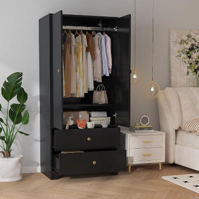 Modern Wooden Armoire Wardrobe, 71" Closet with 2 Doors, 2 Drawers & Adjustable Shelves, Aluminum Hanging Rod for Bedroom