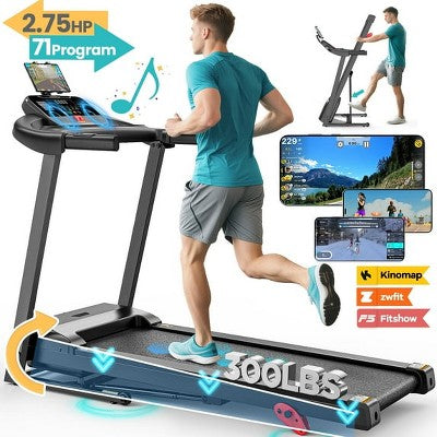 2.75HP Folding Treadmill w/ 300lb Capacity & Incline, 71Programs, Smart APP, HiFi Stereo Speakers, 7.5MPH Portable Treadmill for Home Jogging Walking