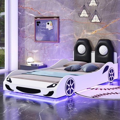 SeaCamel Twin Size Wood Race Car-Shaped Bed - White Platform Design with LED Lights & Upholstered Backrest