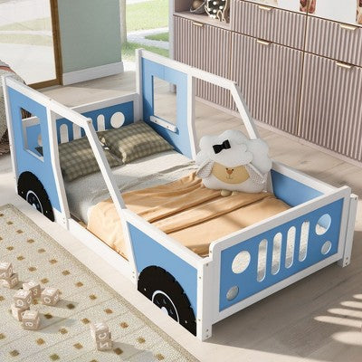Okak Platform Bed Frame with Wheels and Storage Classic Car-Shaped for Kids Noise-Free Bed Strong Wood Slats Easy Assembly