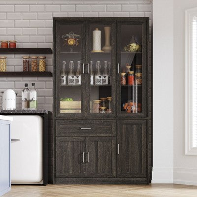 Famapy Dark Multi-Compartment Kitchen Pantry Cabinet,4 Shelf & 3 Glass Doors,Food Storage,Dinning Room