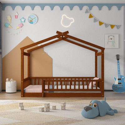 Lyngins Modern Wood House Twin Size Bed Frame, Toddler Bed with Roof & Fence, Floor Bed/Kid's Bed —7 Bed Slats, Semi-Enclosed Play/Sleep Space