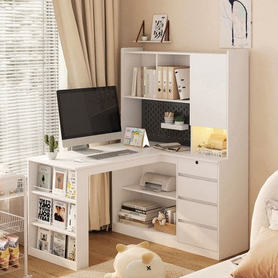 Okak 46IN Space-Saving L Shaped Desk with Bookshelf, Computer Desk with Drawers, Corner Desk for Reading Room, Bedroom, Office