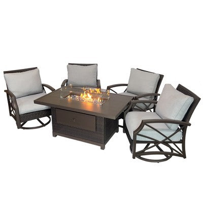 Kinger Home Novi 5-Piece Rattan Wicker Propane Fire Pit Set with an Aluminum Frame