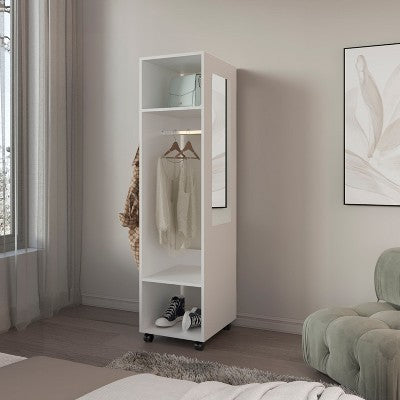 Gulches Armoire 63"H, with 3 Shelves, 1 Mirror, and 4 Wheels, White