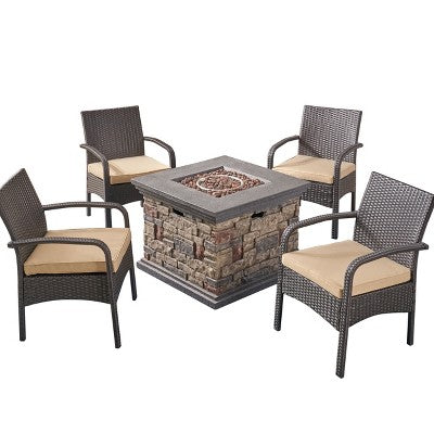 GDFStudio Kilburn Outdoor Wicker 5 Piece Club Chair and Fire Pit Set with Cushion