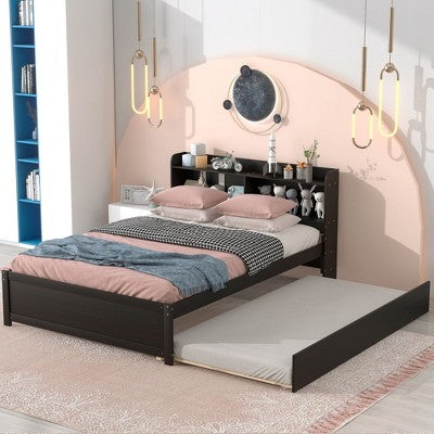 Okak Size Platform Bed Frame with Storage Headboard No Box Spring Needed Easy to Assemble Noiseless Bed with Trundle