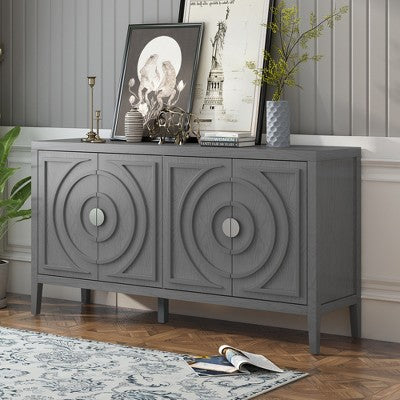 Retro Sideboard Cabinet with Circular Groove Doors and Round Metal Handles for Entryway, Dining Room, or Living Room