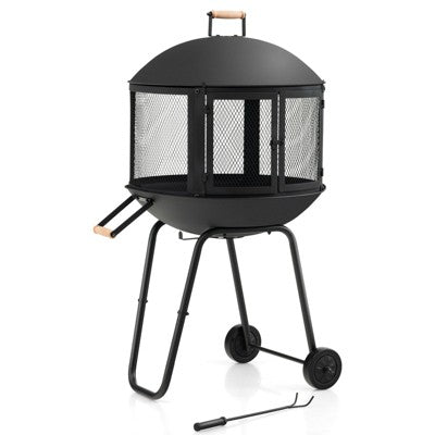 Costway Portable Fire Pit w/ Wheels 28" Wood Burning Fire Pit w/ Log Grate Poker Rolling Patio Fireplace Bonfire Firepit for Outdoor Entertaining
