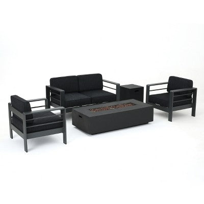 GDFStudio Crested Bay Outdoor Aluminum 4 Seater Chat Set with Dark Gray Fire Pit