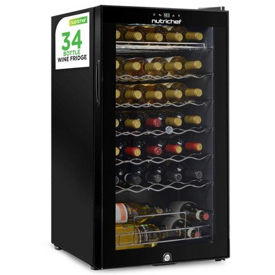 NutriChef 34 Bottle Compressor Wine Cooler Refrigerator Cooling System | Large Freestanding Wine Cellar Fridge For Red And White Champagne