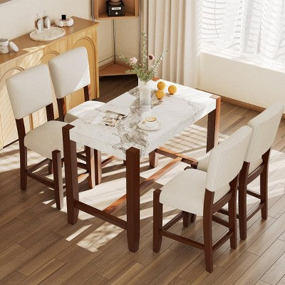 3-Piece Modern Counter Height Dining Table Set with Faux Marble Top and Upholstered Chairs for Kitchen or Small Space-3irtyhousy