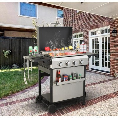 4-Burner Propane Gas Grill with Stainless Steel Plancha, Wire Enamel Grids, Foldable Side Table, Hanging Basket, Oil Pan, 49,200 BTU Outdoor BBQ