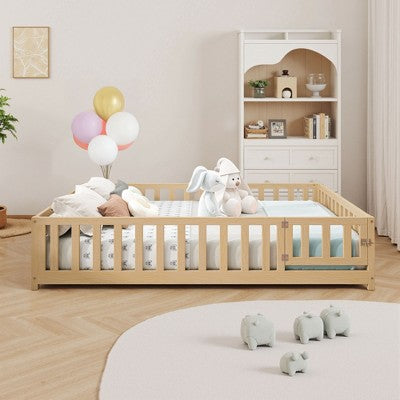 Okak Full Size Platform Bed Frame with Door & Fence, Wooden Floor Bed with Support Slats for Toddlers/Kids Bedroom
