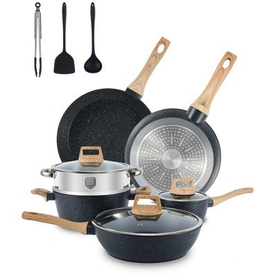HONGGE 12Pcs Pots and Pans Set Nonstick Cookware Set with Glass Lids, Wood-Handle and Cooking Utensils