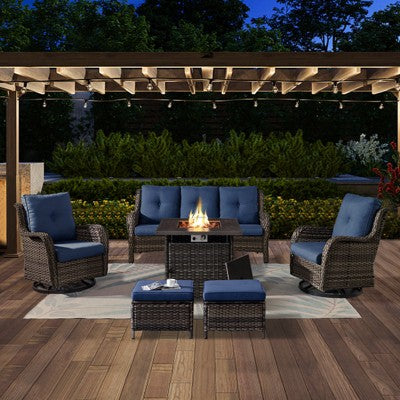 POCASSY 6 Piece Patio Furniture Set with Fire Pit, All Weather Wicker Rattan Patio Sofa Couch Set with Swivel Patio Chair and 50000BTU Square Fire Pit