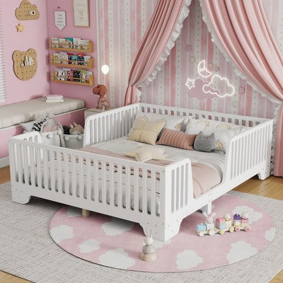 Okak Modern Twin/Full Montessori Floor Beds with Slats & Fence,Wooden Platform Bed for Kids Room,Bedroom,No Box Spring Needed