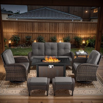 POCASSY 7 Piece Outdoor Patio Furniture Set with Fire Pit Table, Brown Rattan Wicker Modern Patio Furniture Set with Propane Fire Pit